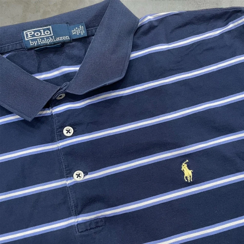 Polo Ralph Lauren Polo Shirt Mens XL Navy Blue Striped Golf Fit Pima Cotton Pony